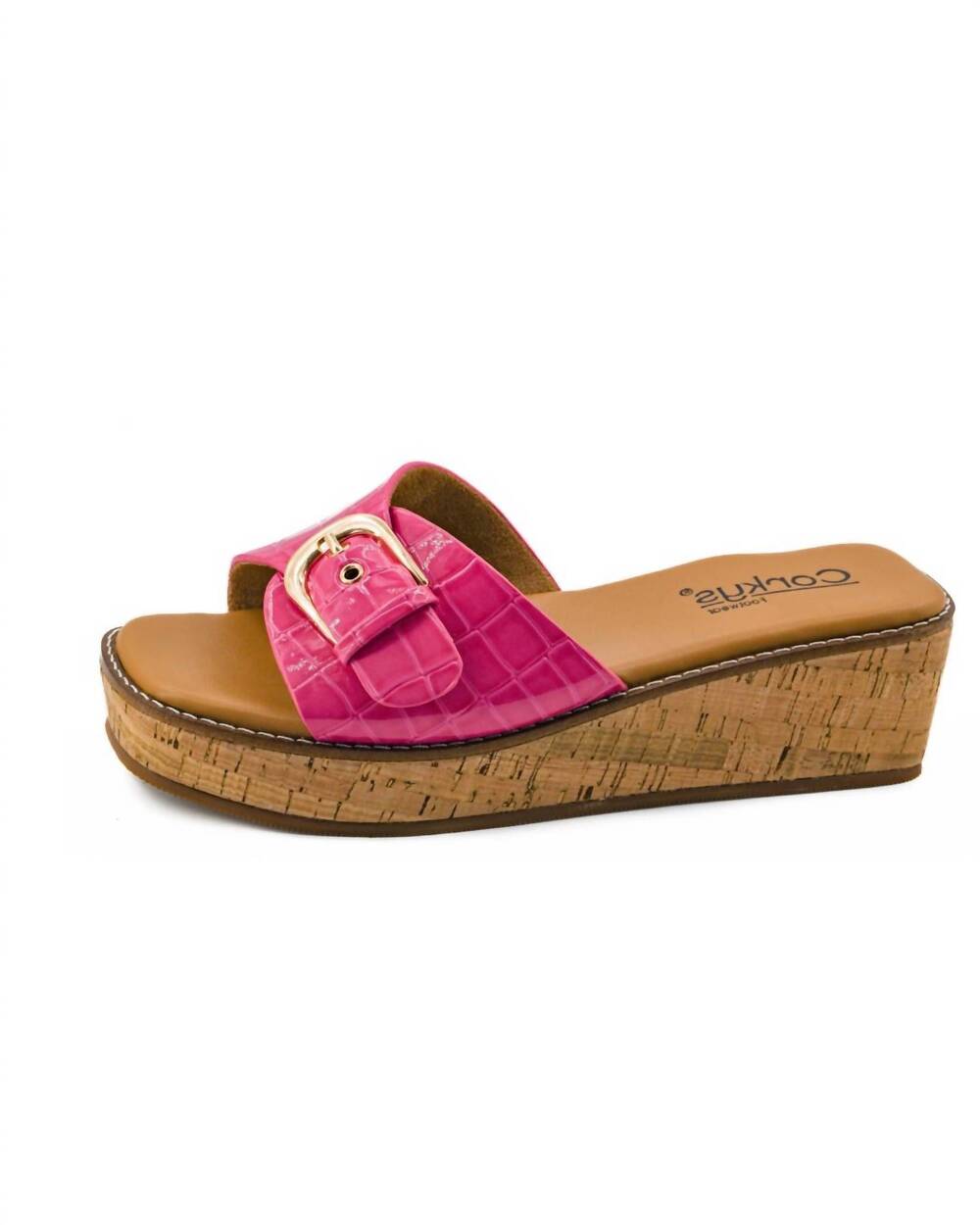 NEW CORKYS FOOTWEAR women's reality sandal in pink patent croco
